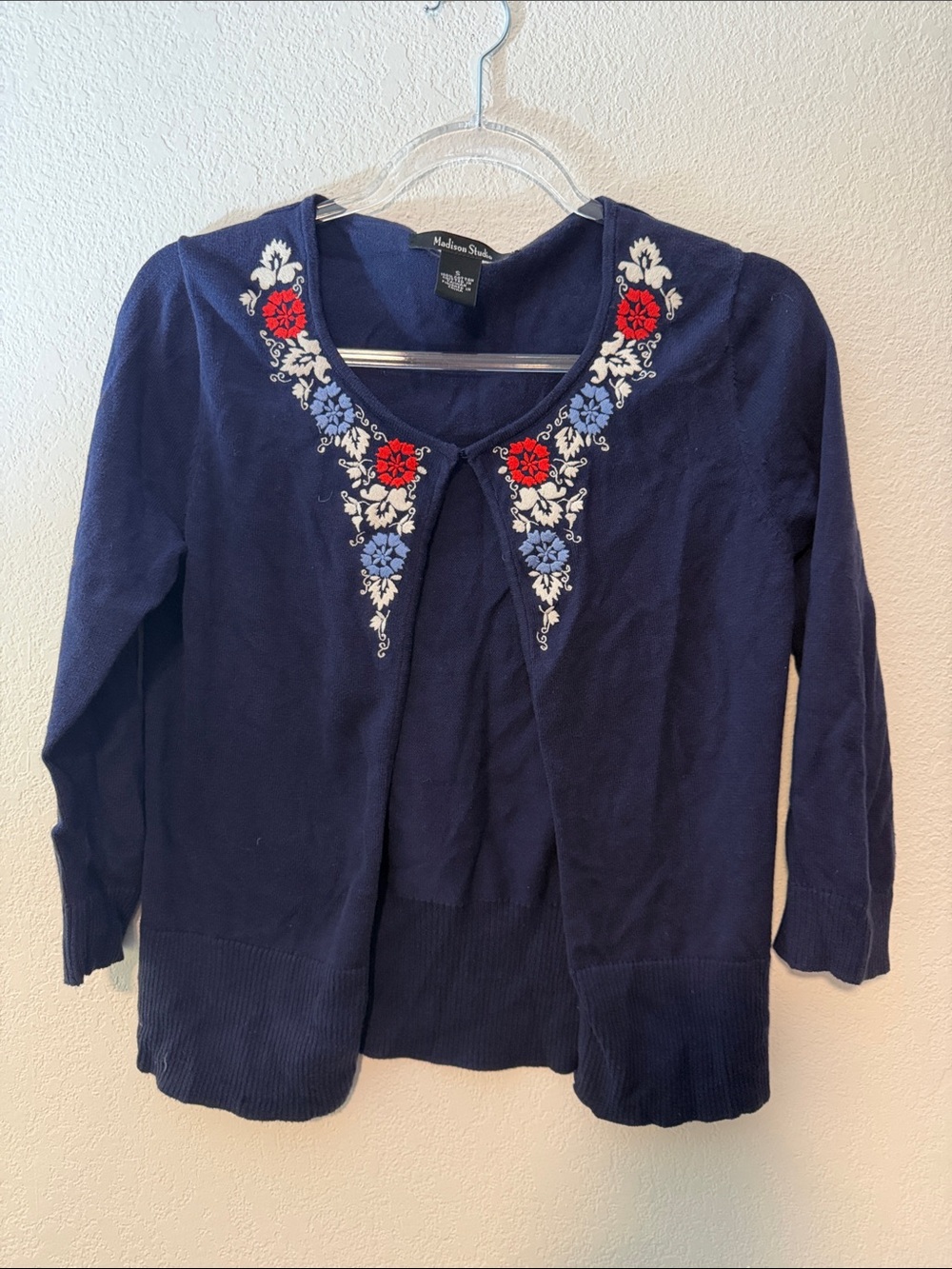 Madison Studio Navy Cardigan with Red and Light Blue Floral Embroidery